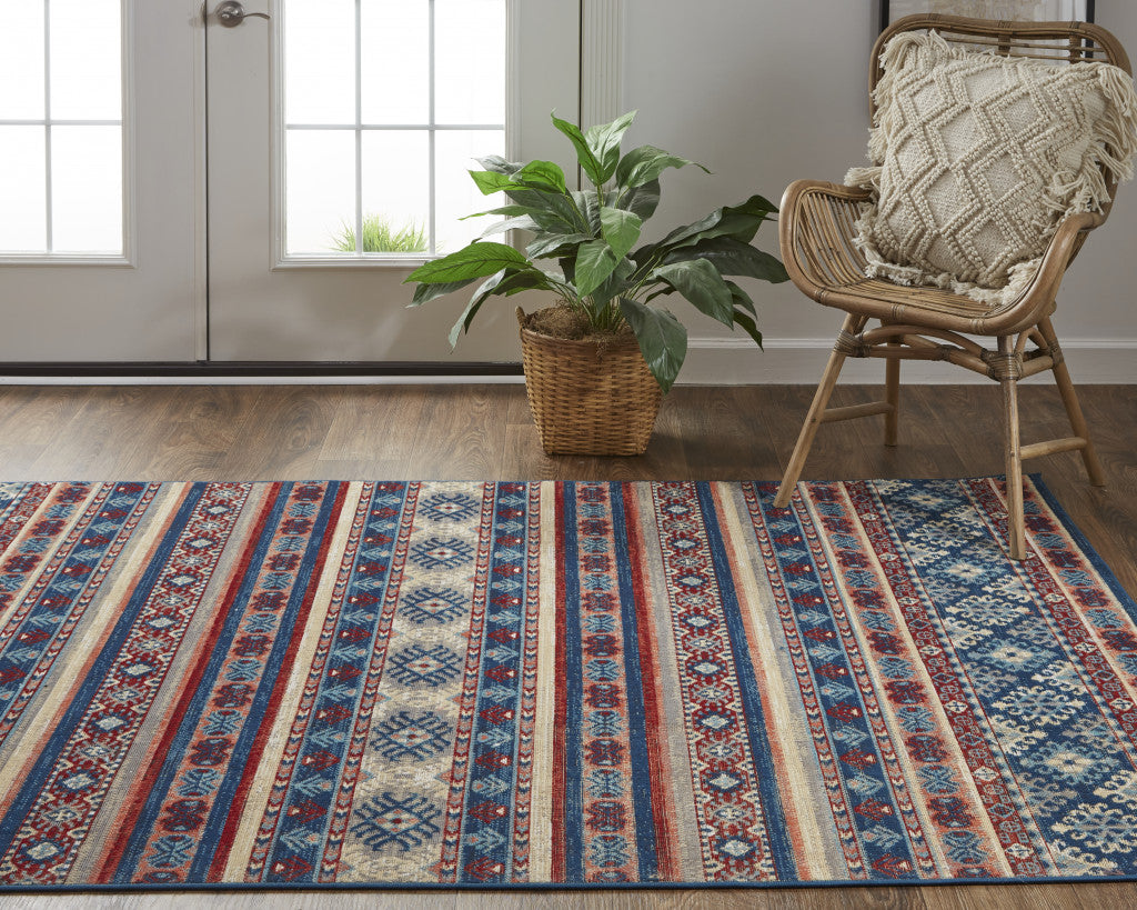 Blue Tan And Black Geometric Power Loom Distressed Stain Resistant Area Rug - 4' x 6'