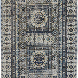 4' X 6' Ivory Tan And Blue Abstract Power Loom Distressed Stain Resistant Area Rug