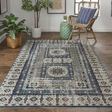 4' X 6' Ivory Tan And Blue Abstract Power Loom Distressed Stain Resistant Area Rug