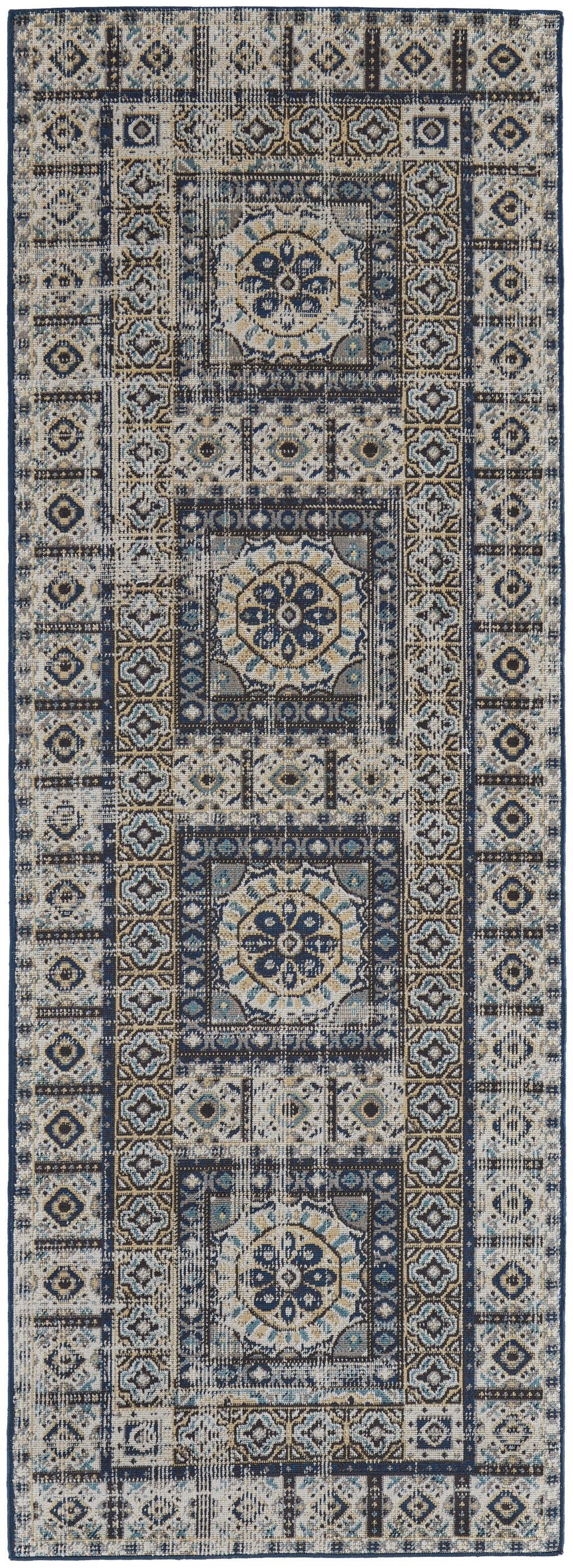 4' X 6' Ivory Tan And Blue Abstract Power Loom Distressed Stain Resistant Area Rug