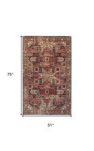 Red Tan And Black Abstract Power Loom Distressed Stain Resistant Area Rug - 4' x 6'