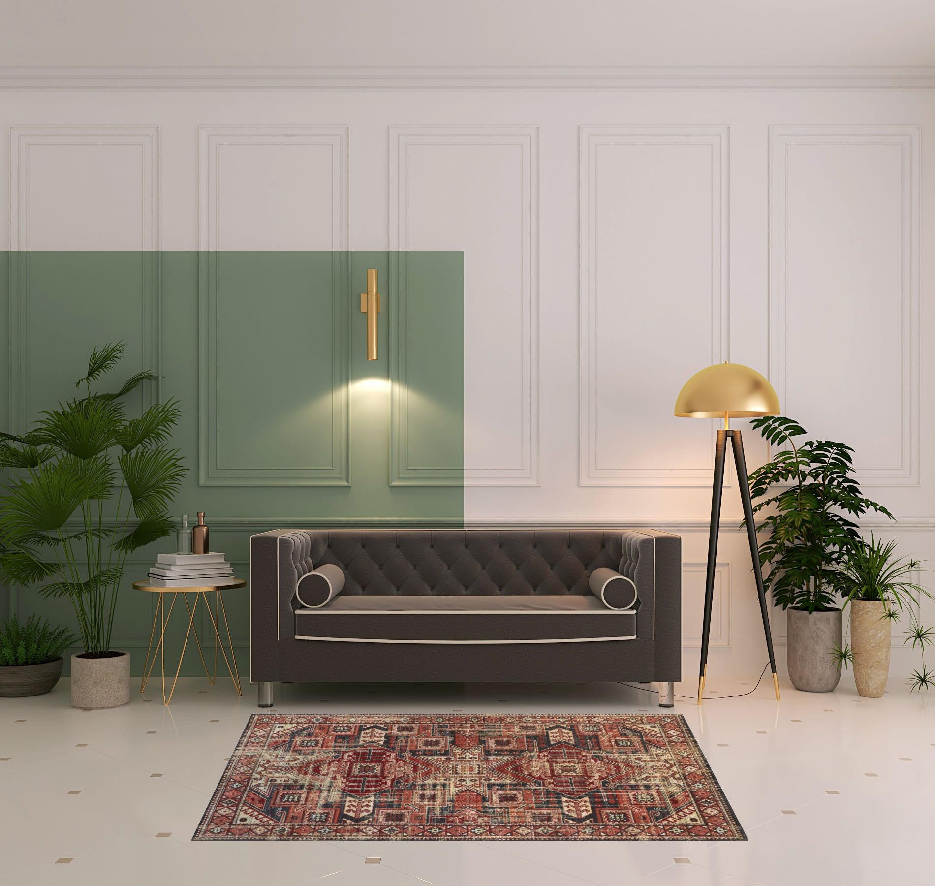 Red Tan And Black Abstract Power Loom Distressed Stain Resistant Area Rug - 4' x 6'