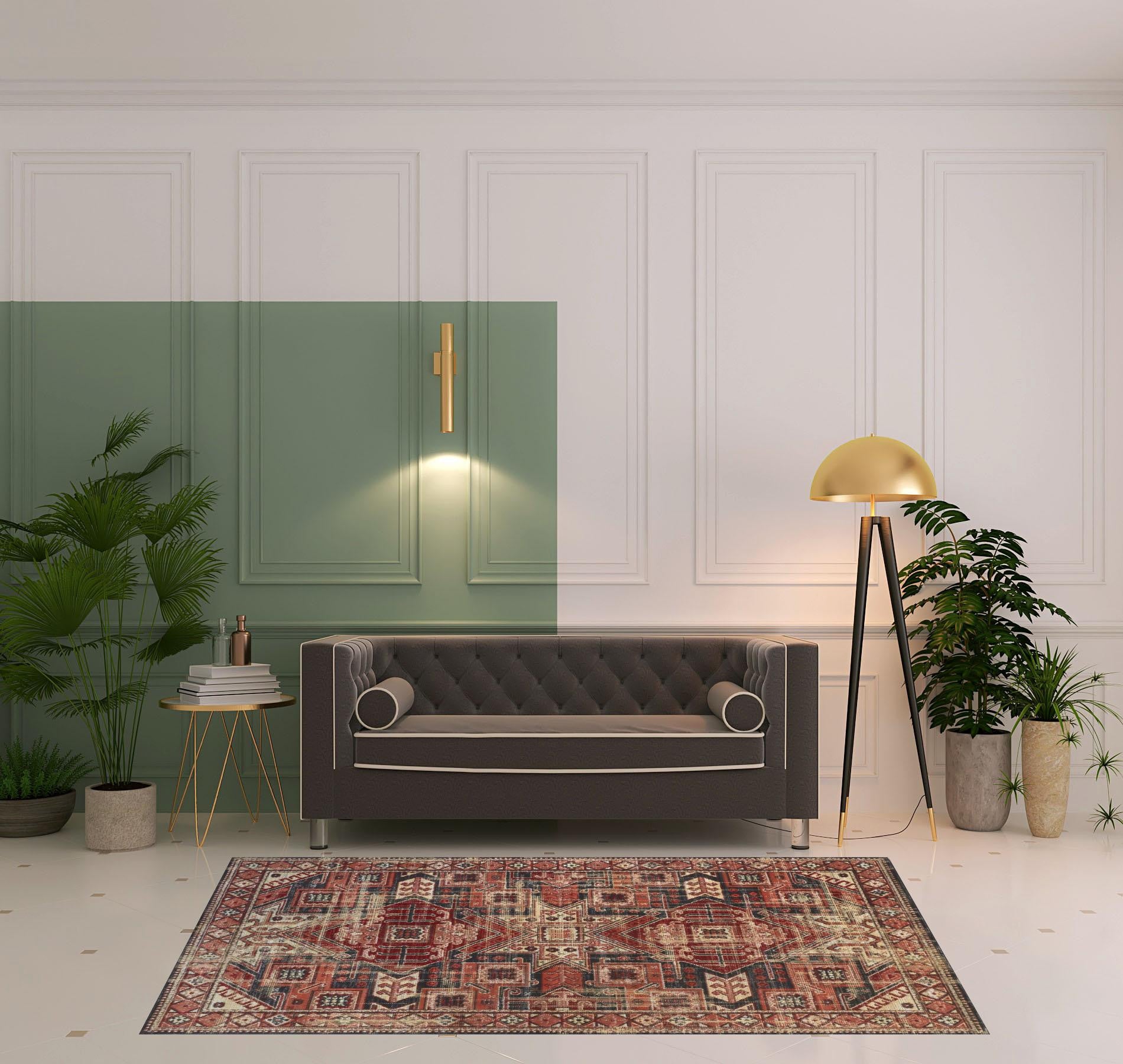 Red Tan And Black Abstract Power Loom Distressed Stain Resistant Area Rug - 4' x 6'