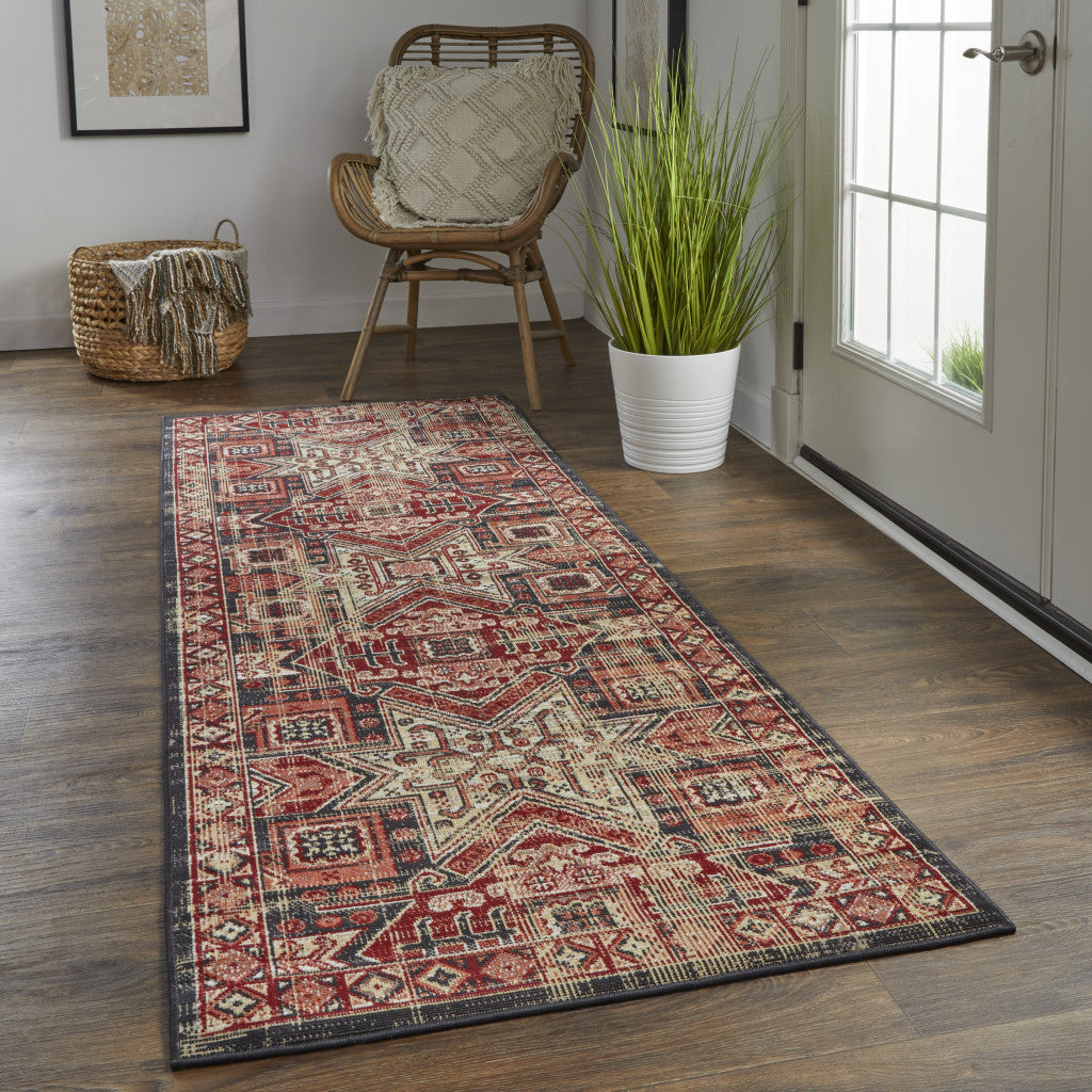 Red Tan And Black Abstract Power Loom Distressed Stain Resistant Area Rug - 4' x 6'