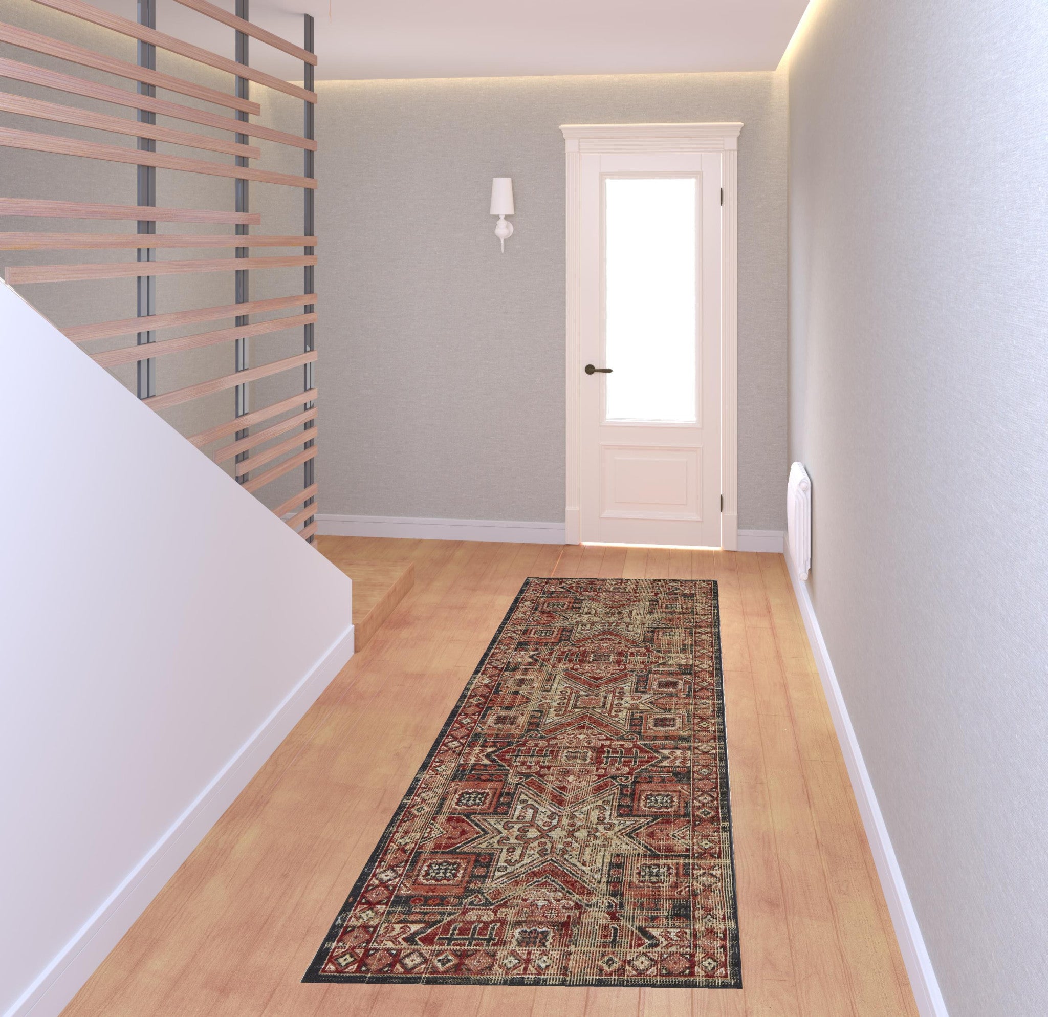 Red Tan And Black Abstract Power Loom Distressed Stain Resistant Area Rug - 4' x 6'