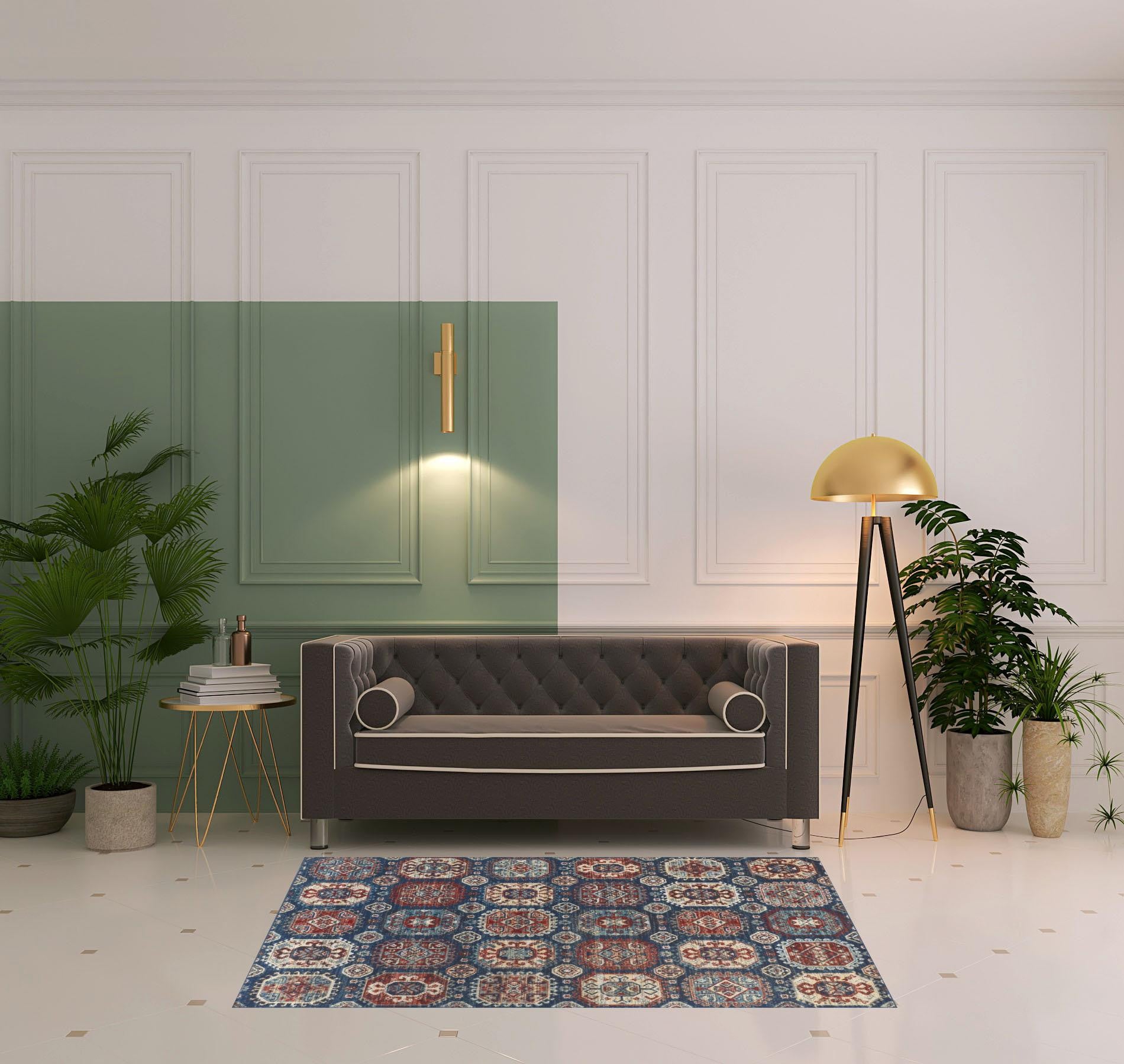 4' X 6' Blue Red And Tan Abstract Power Loom Distressed Stain Resistant Area Rug