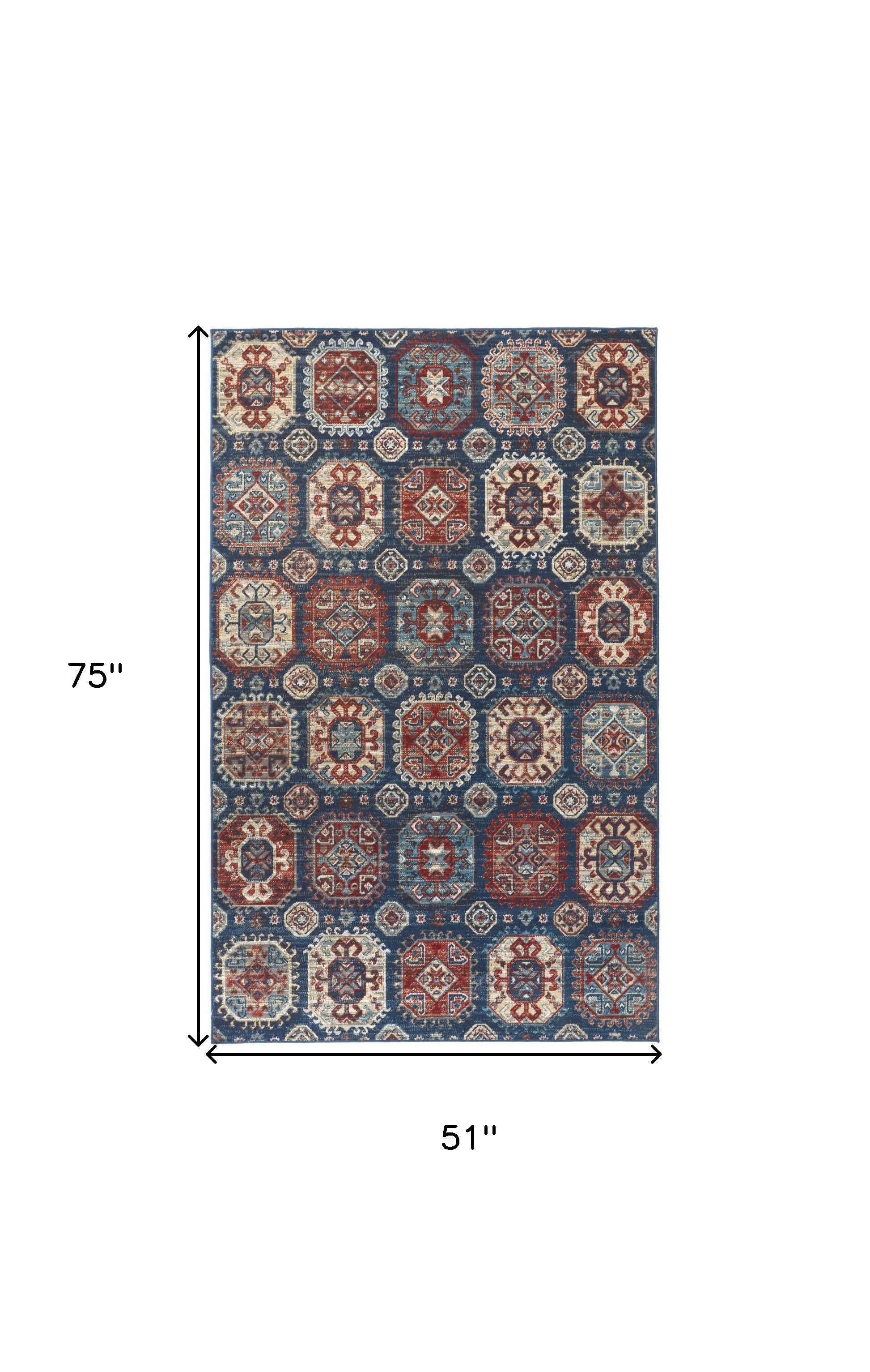 4' X 6' Blue Red And Tan Abstract Power Loom Distressed Stain Resistant Area Rug
