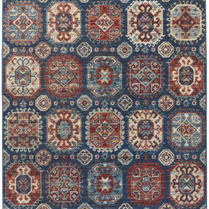 4' X 6' Blue Red And Tan Abstract Power Loom Distressed Stain Resistant Area Rug