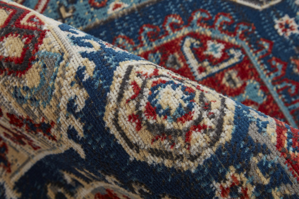 4' X 6' Blue Red And Tan Abstract Power Loom Distressed Stain Resistant Area Rug