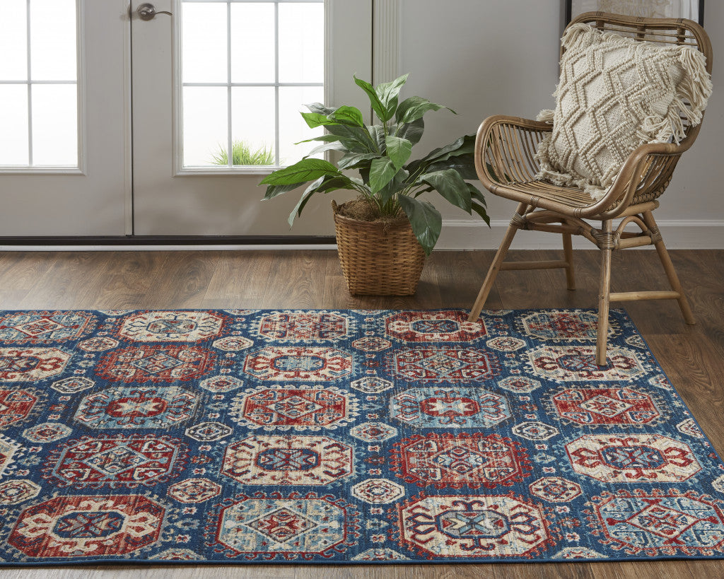 4' X 6' Blue Red And Tan Abstract Power Loom Distressed Stain Resistant Area Rug