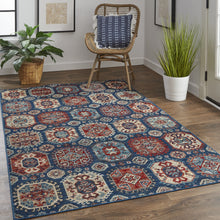 4' X 6' Blue Red And Tan Abstract Power Loom Distressed Stain Resistant Area Rug