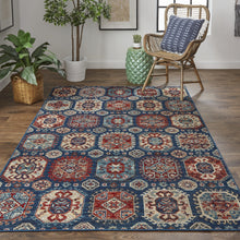 4' X 6' Blue Red And Tan Abstract Power Loom Distressed Stain Resistant Area Rug