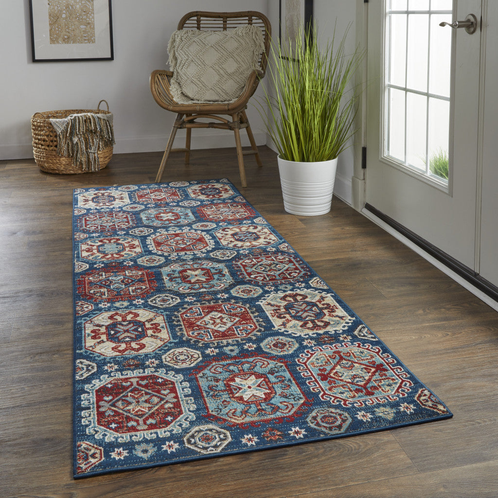 4' X 6' Blue Red And Tan Abstract Power Loom Distressed Stain Resistant Area Rug