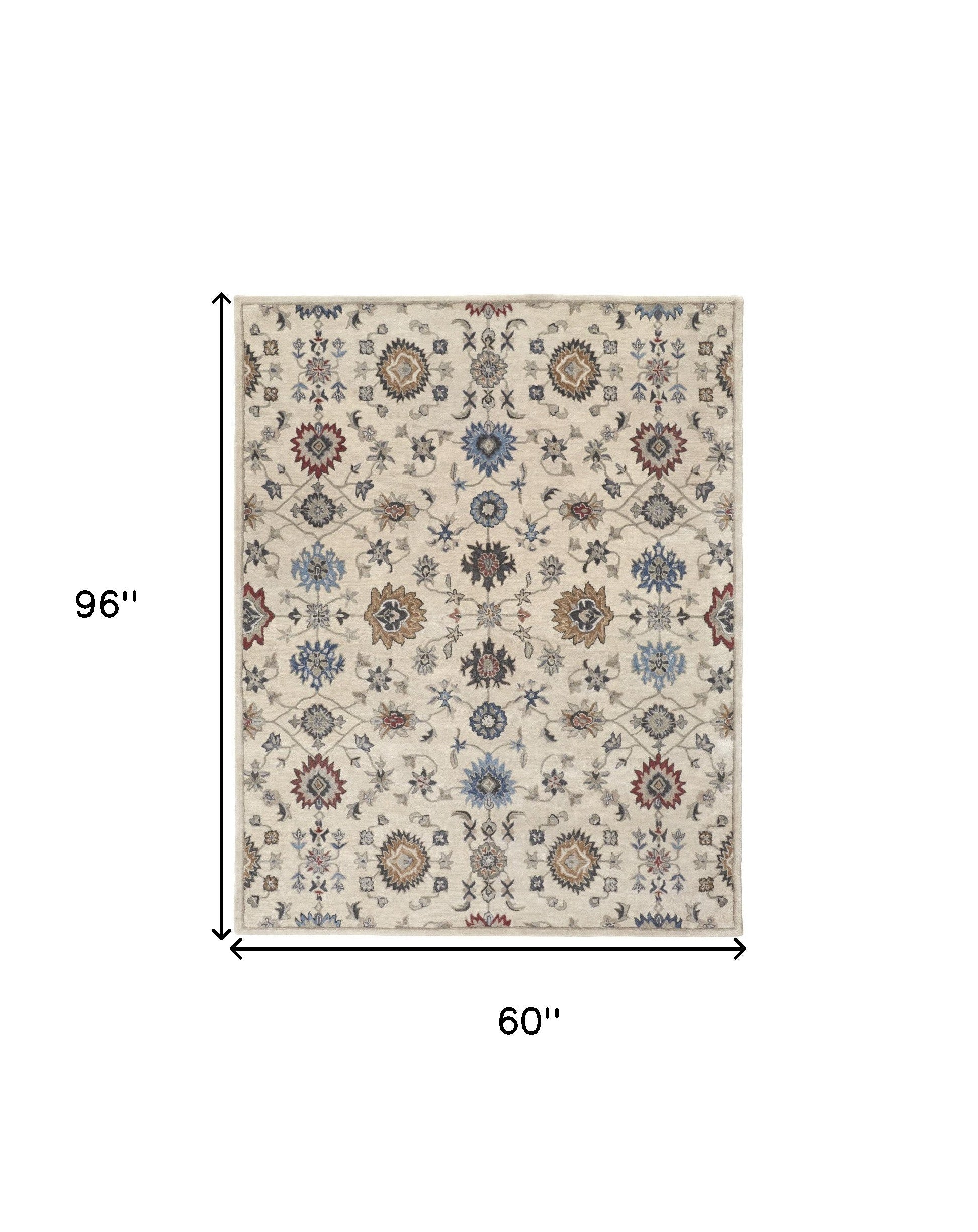 4' X 6' Ivory Blue And Tan Wool Floral Tufted Handmade Stain Resistant Area Rug