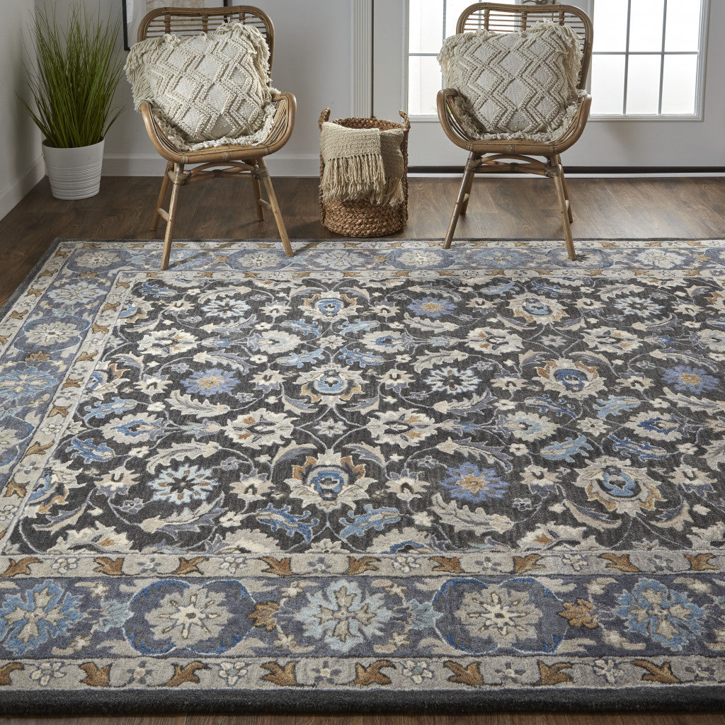 4' X 6' Taupe Blue And Ivory Wool Floral Tufted Handmade Area Rug