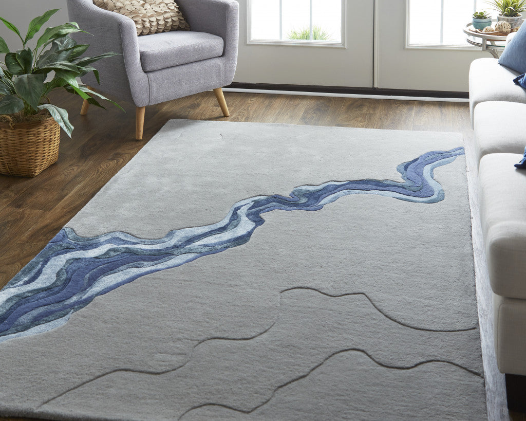 4' X 6' Gray And Blue Wool Abstract Tufted Handmade Area Rug