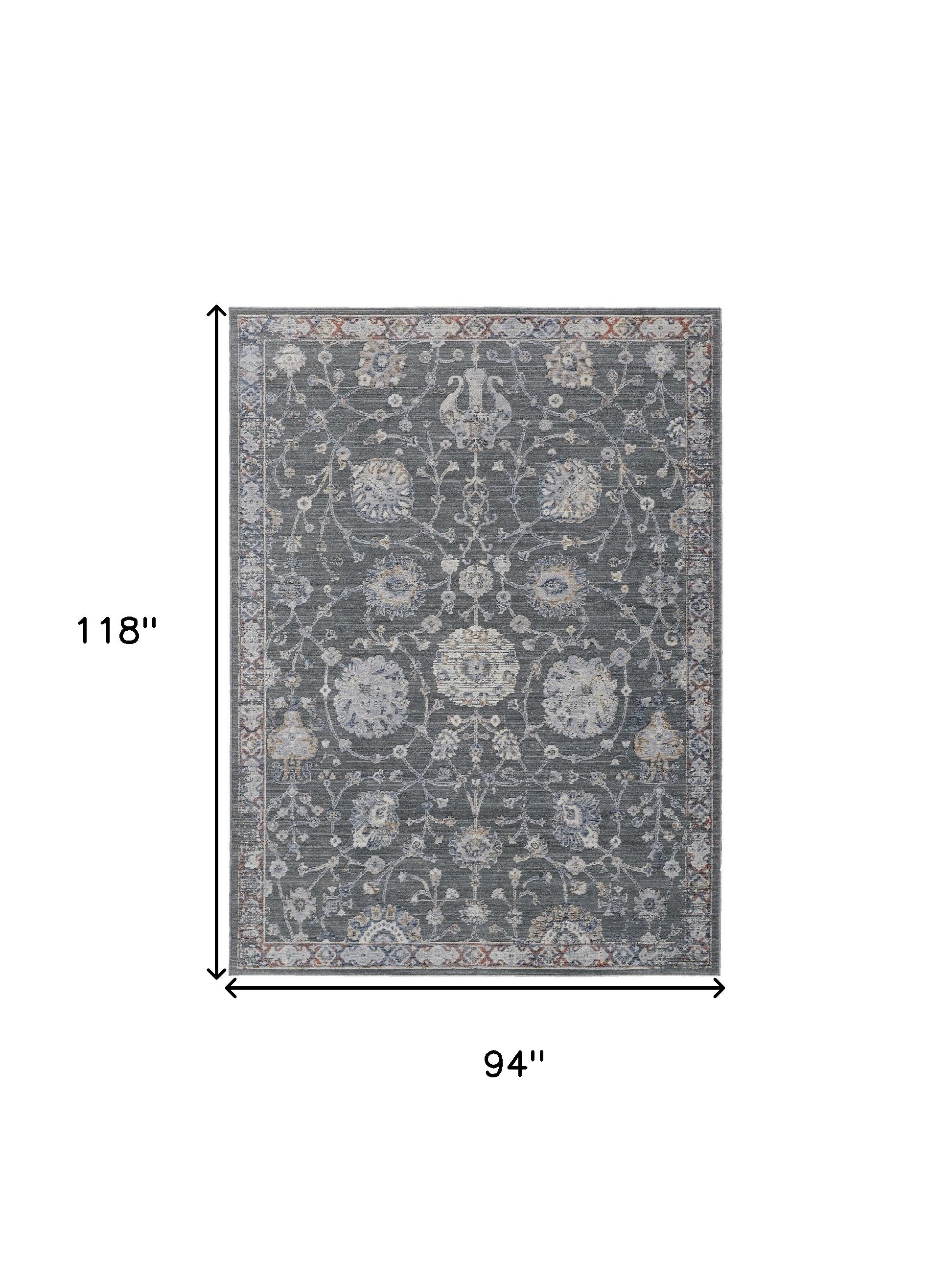 8' X 10' Gray Ivory And Red Floral Power Loom Area Rug