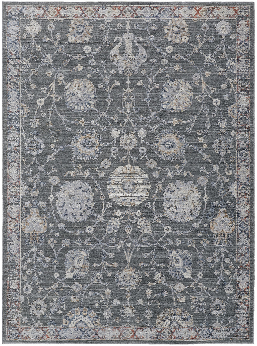 8' X 10' Gray Ivory And Red Floral Power Loom Area Rug