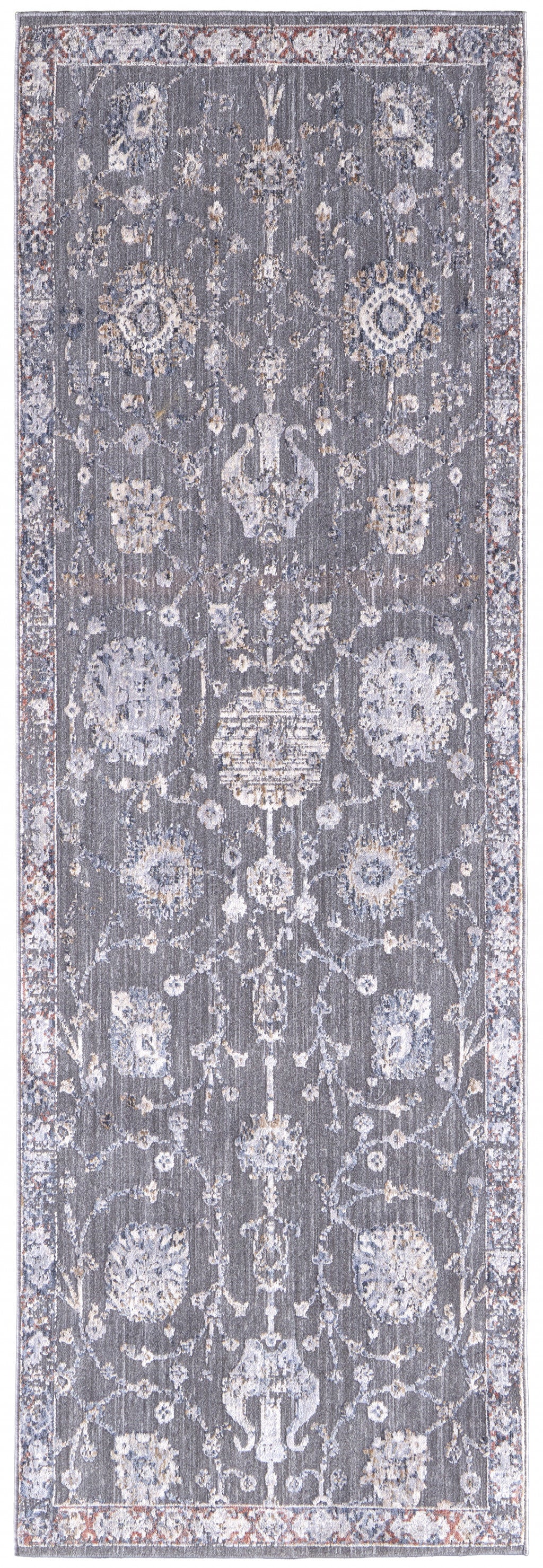 8' X 10' Gray Ivory And Red Floral Power Loom Area Rug