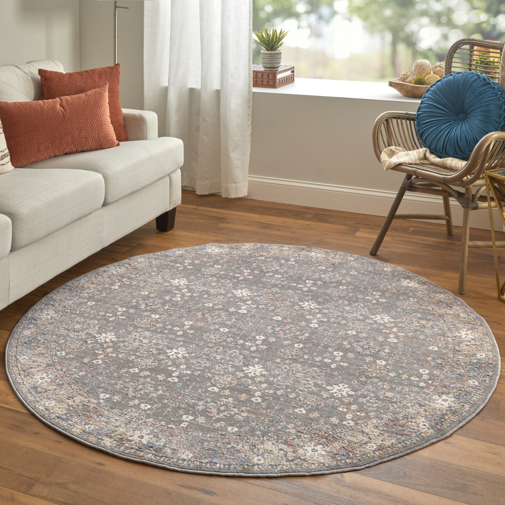 8' X 10' Taupe Gray And Orange Floral Power Loom Area Rug