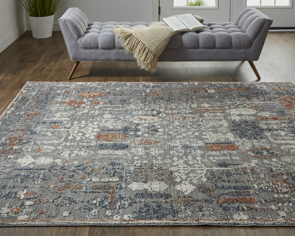 8' X 10' Gray Ivory And Orange Floral Power Loom Area Rug
