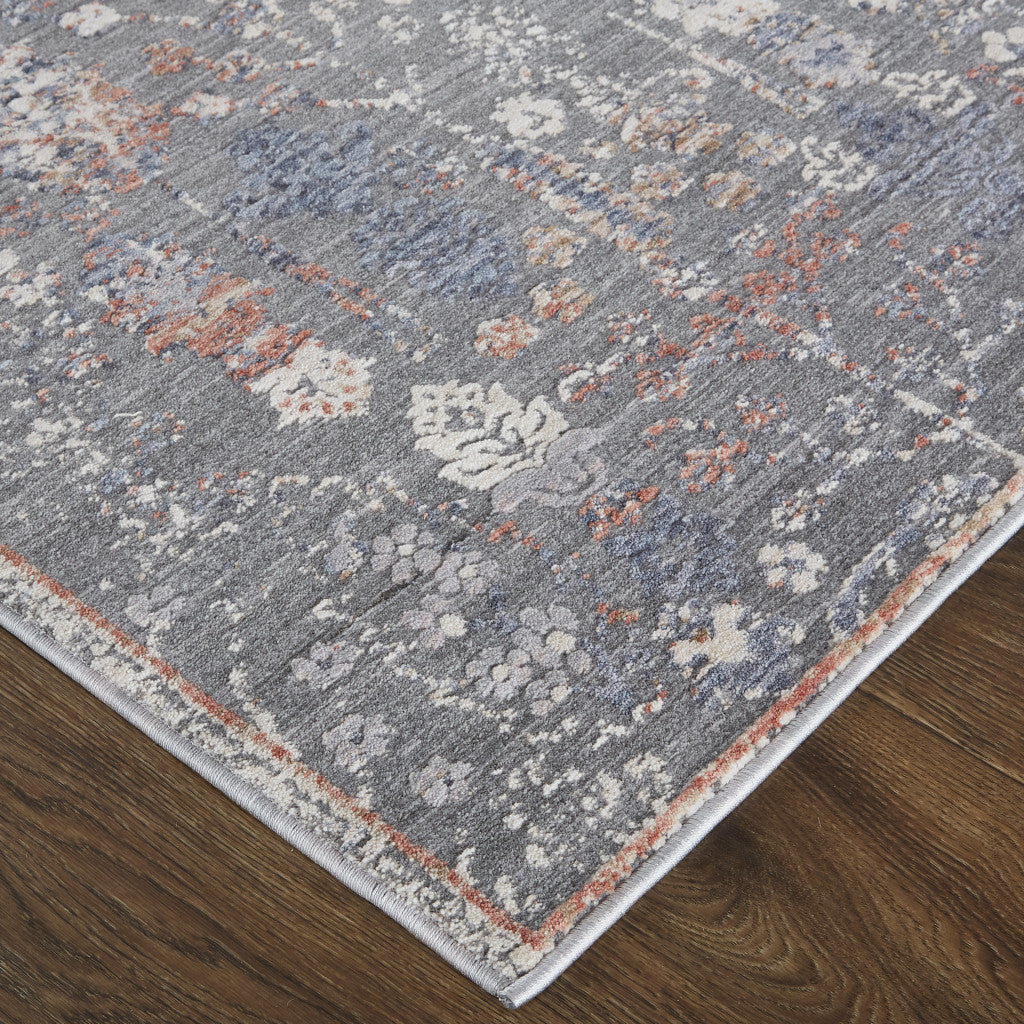 8' X 10' Gray Ivory And Orange Floral Power Loom Area Rug