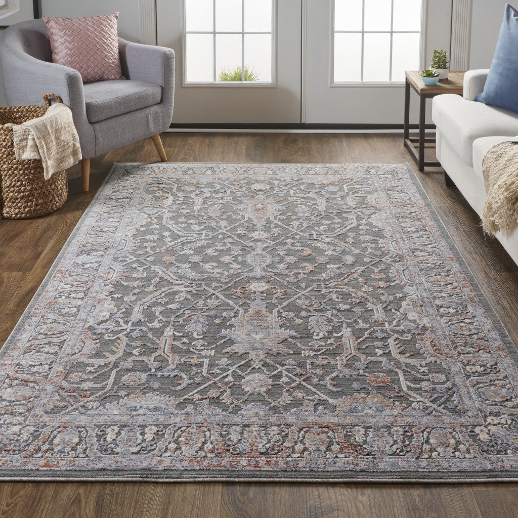 8' X 10' Gray Taupe And Pink Floral Power Loom Area Rug