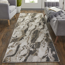 8' Ivory Brown And Taupe Abstract Power Loom Stain Resistant Runner Rug