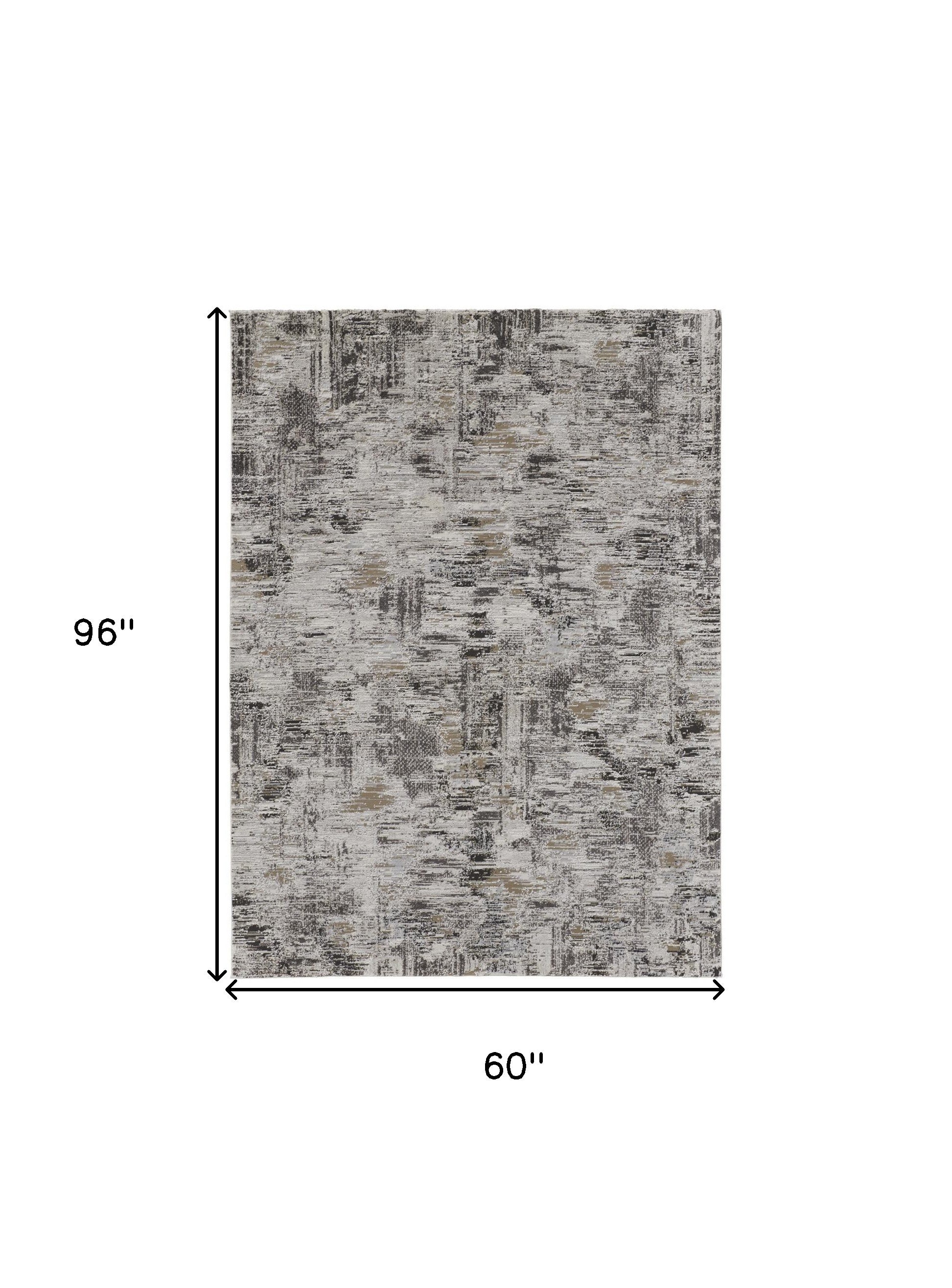 4' X 6' Ivory Gray And Brown Abstract Power Loom Distressed Stain Resistant Area Rug