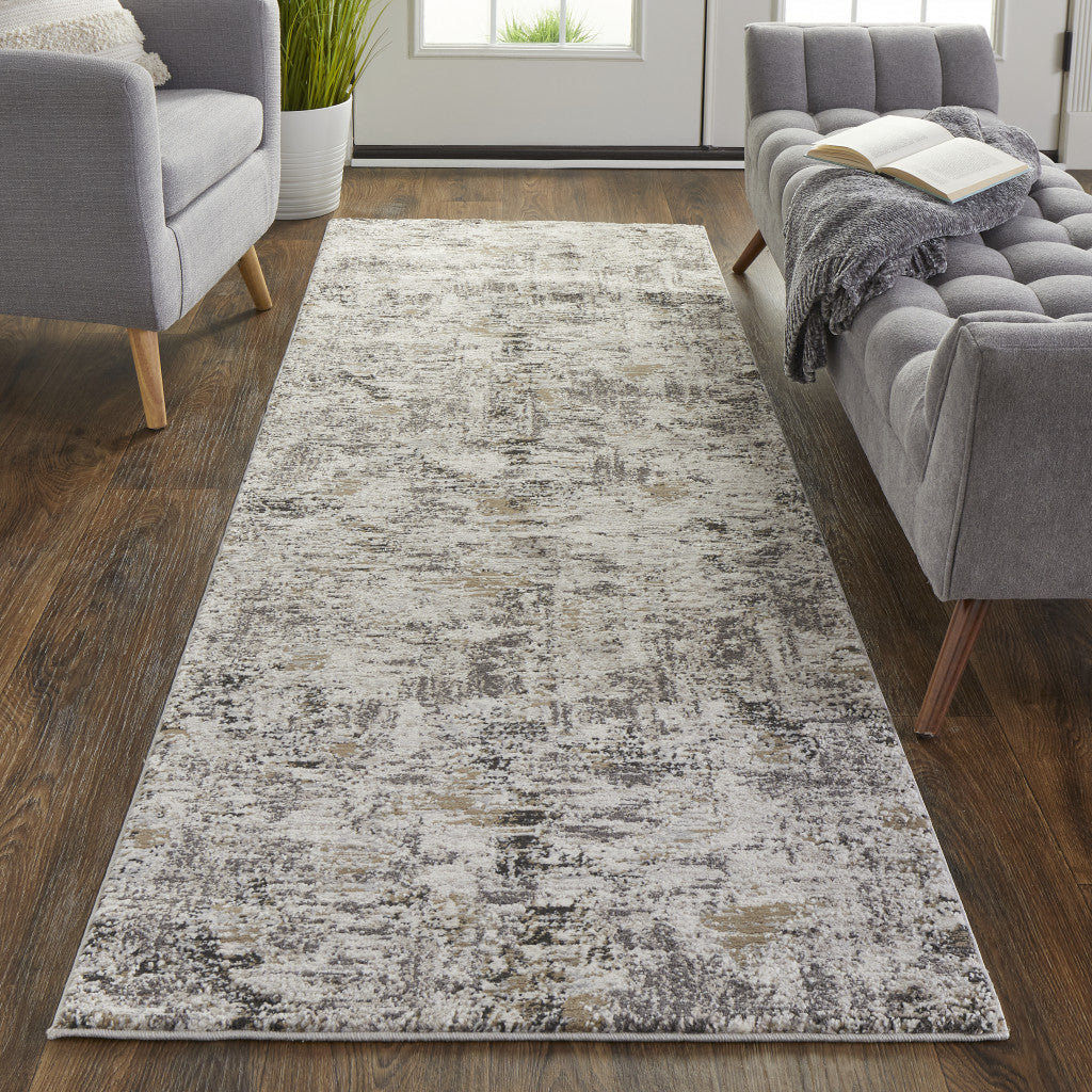 4' X 6' Ivory Gray And Brown Abstract Power Loom Distressed Stain Resistant Area Rug