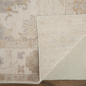 4' X 6' Ivory Tan And Blue Floral Hand Knotted Stain Resistant Area Rug