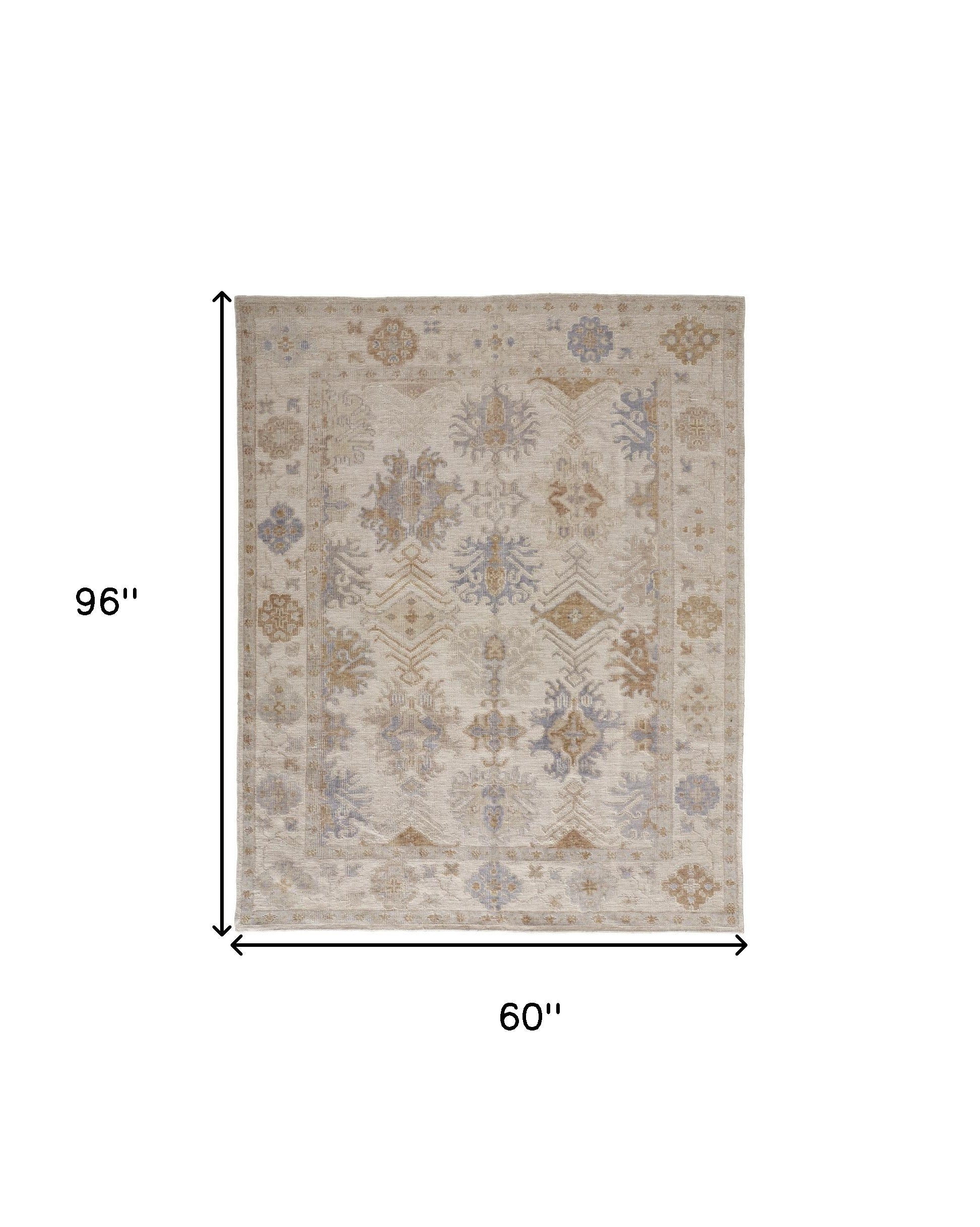 4' X 6' Ivory Tan And Blue Floral Hand Knotted Stain Resistant Area Rug