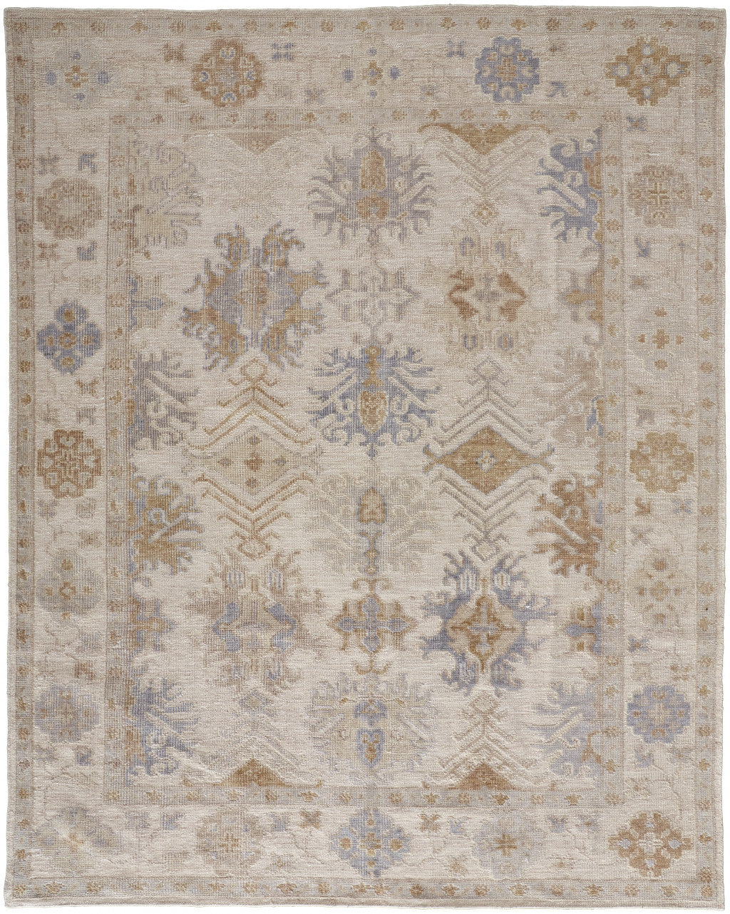 4' X 6' Ivory Tan And Blue Floral Hand Knotted Stain Resistant Area Rug
