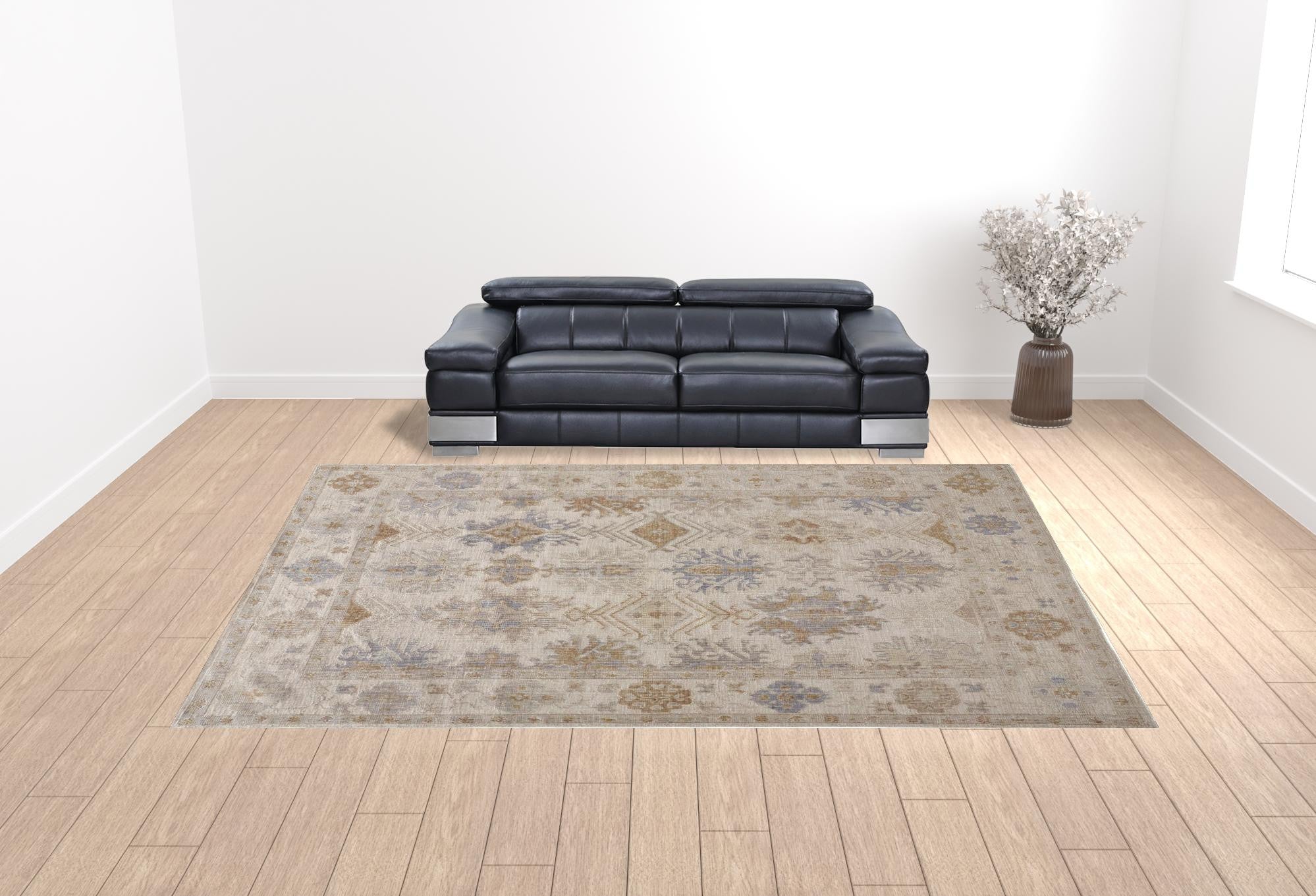 4' X 6' Ivory Tan And Blue Floral Hand Knotted Stain Resistant Area Rug