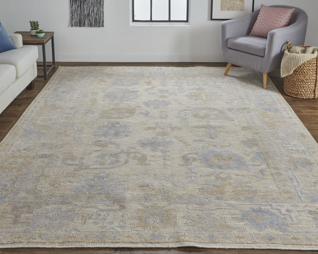 4' X 6' Tan Orange And Blue Floral Hand Knotted Stain Resistant Area Rug