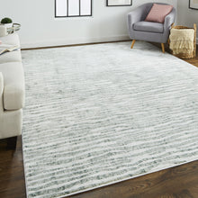 Gray Green And Ivory Striped Distressed Stain Resistant Area Rug  10' x 13'