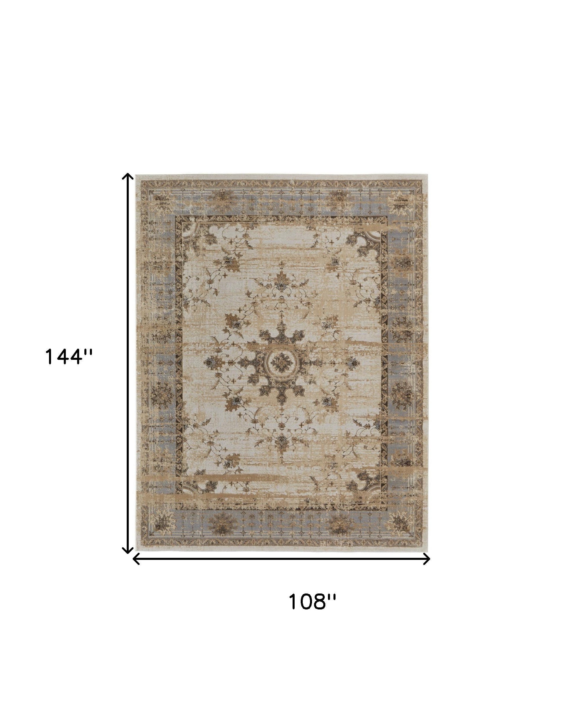 9' X 12' Tan Brown And Gray Power Loom Distressed Area Rug