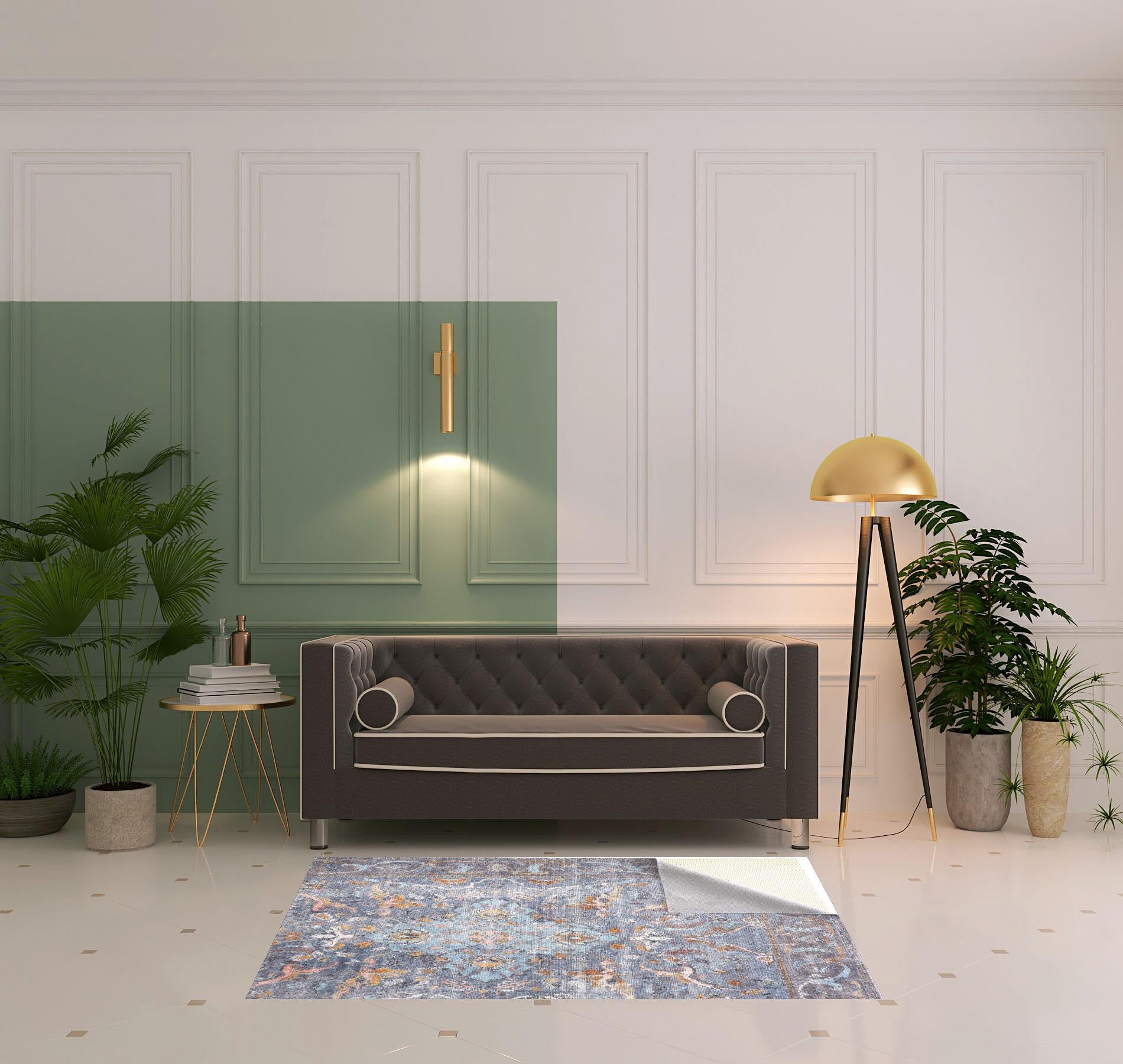 4' X 6' Blue Gray And Orange Floral Area Rug