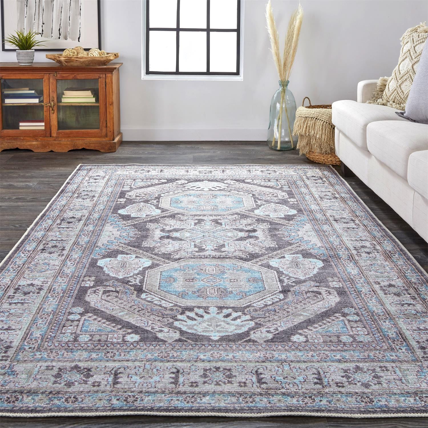 4' X 6' Gray Taupe And Blue Floral Area Rug