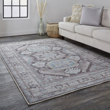 4' X 6' Gray Taupe And Blue Floral Area Rug
