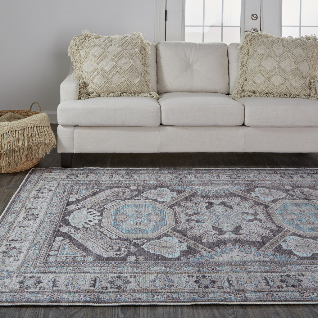 4' X 6' Gray Taupe And Blue Floral Area Rug