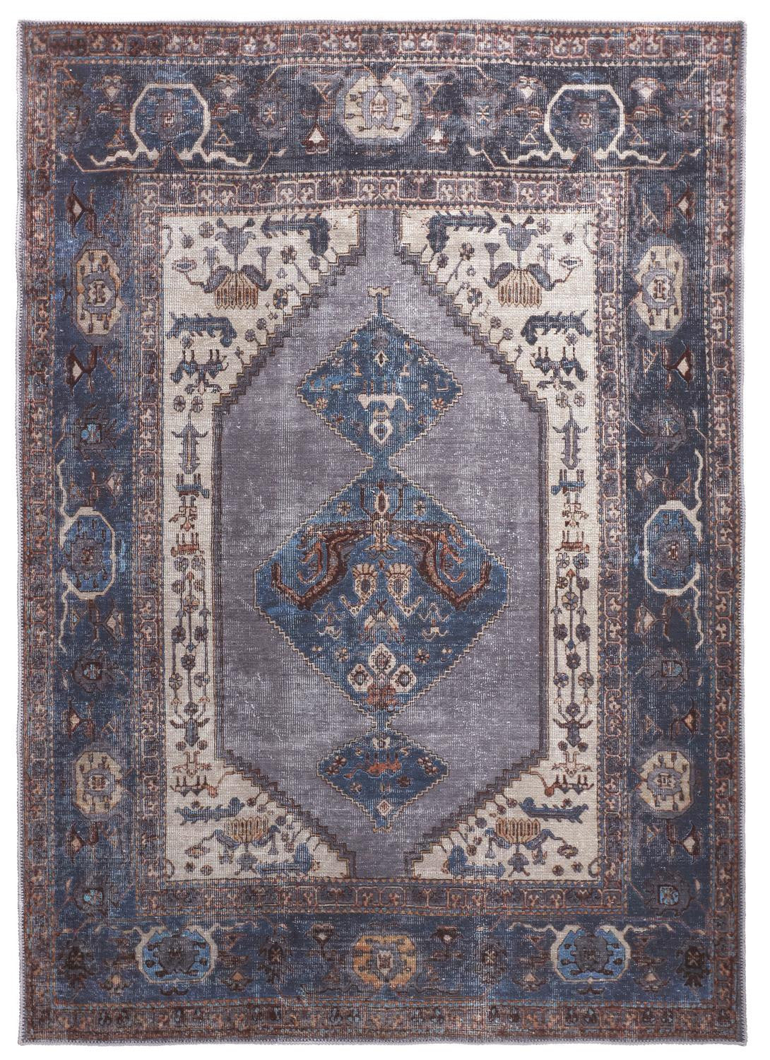 4' X 6' Blue Brown And Ivory Floral Area Rug