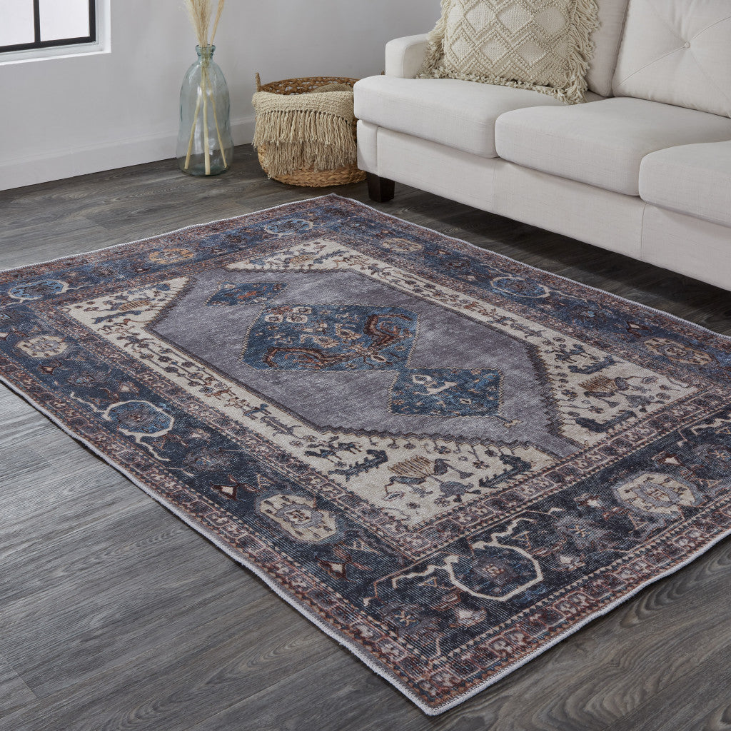 4' X 6' Blue Brown And Ivory Floral Area Rug