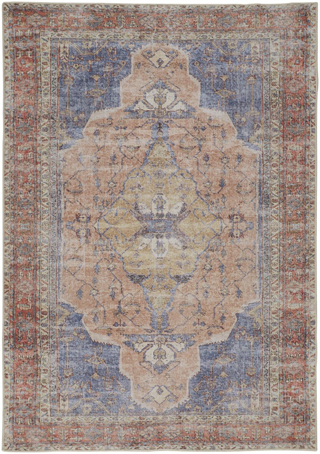 Red Tan And Blue Abstract Area Rug - 4' x 6'