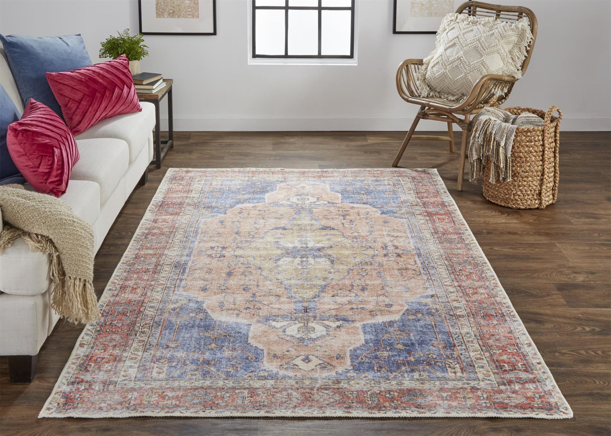 Red Tan And Blue Abstract Area Rug - 4' x 6'