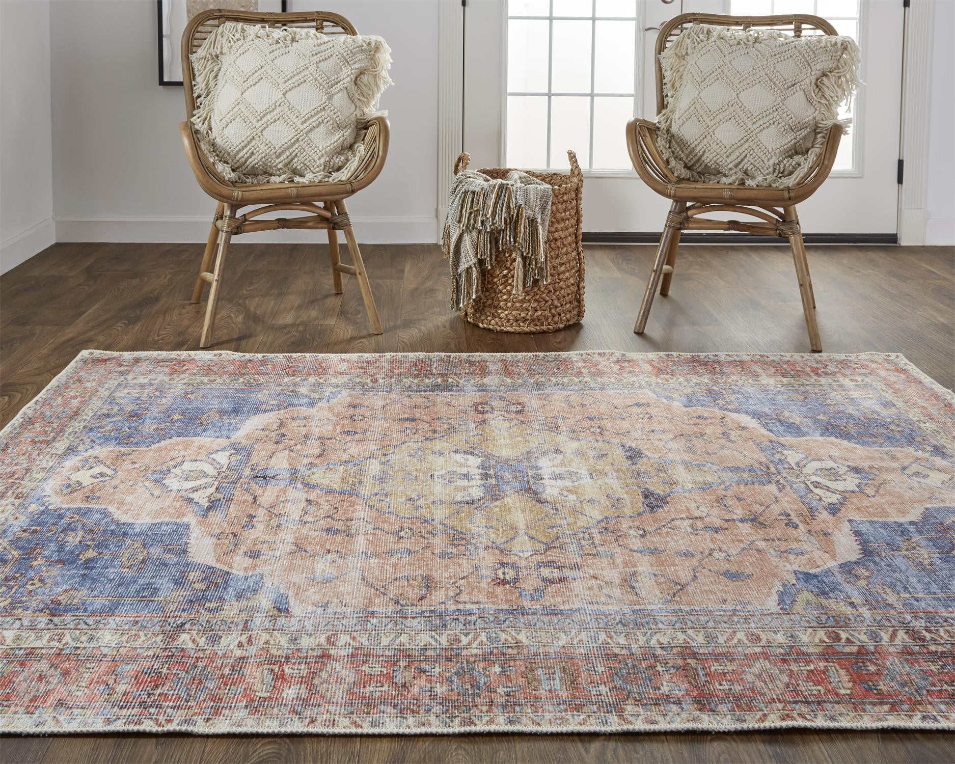 Red Tan And Blue Abstract Area Rug - 4' x 6'