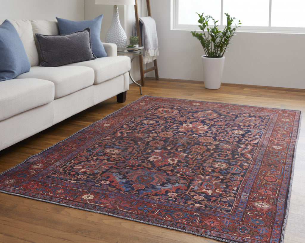 Red Orange And Blue Floral Power Loom Area Rug