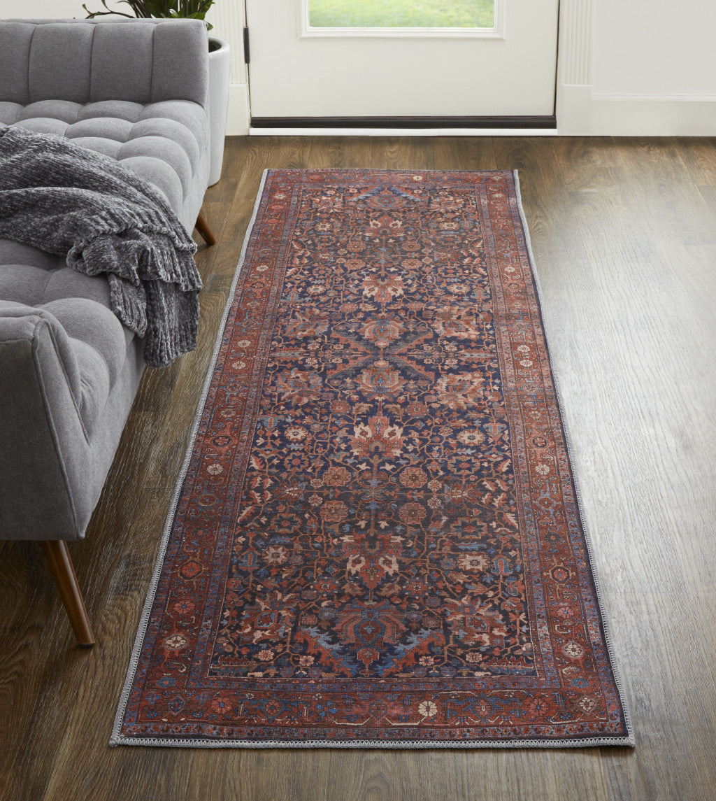 Red Orange And Blue Floral Power Loom Area Rug