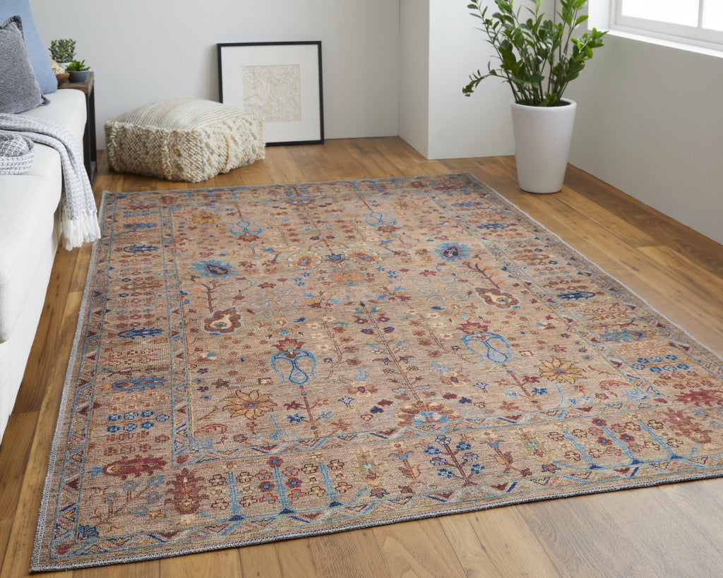 4' X 6' Tan Pink And Blue Floral Power Loom Area Rug
