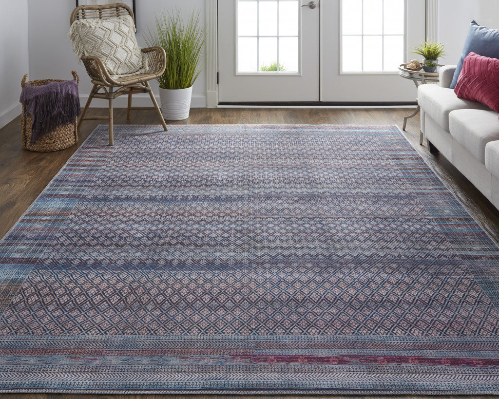 4' X 6' Tan Blue And Pink Striped Power Loom Area Rug